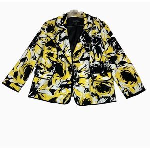 Brandon Thomas Womens XL Yellow Black Floral Single‎ Button Blazer Jacket Piping